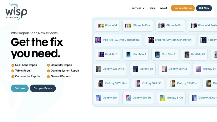 Wisp Electronics Repair website homepage